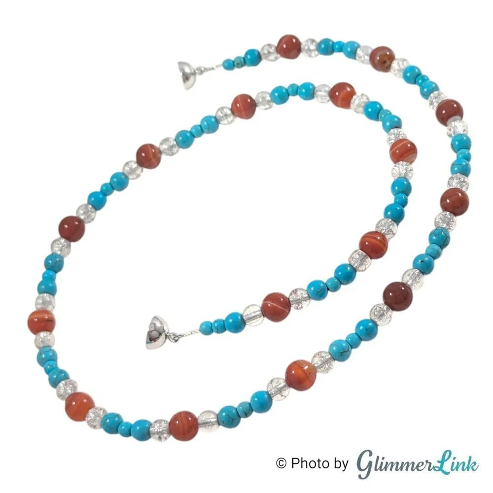 Teal Blue & Burnt Orange Gemstone Glass Beaded Silver Tone Necklace